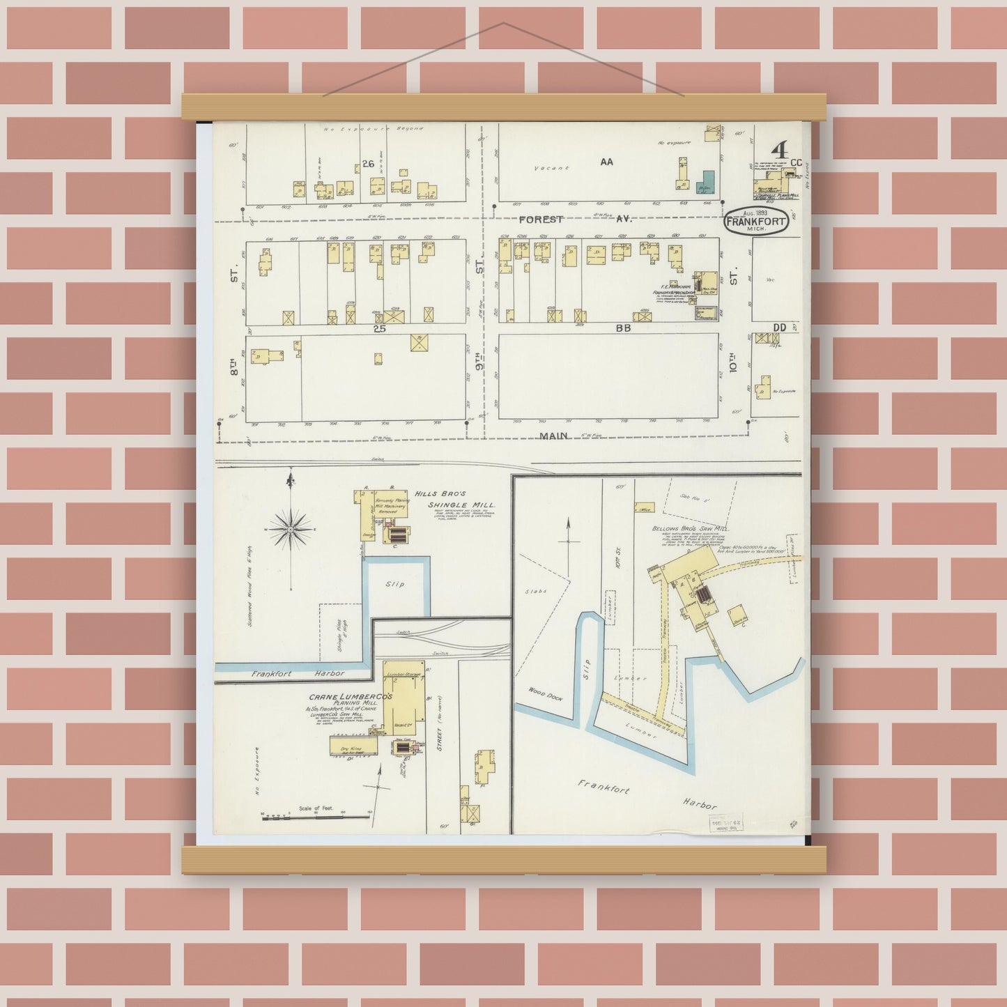 Old map wall art mockup — magnetic wood frame on brick wall — Sanborn Fire Insurance Map from Frankfort, Benzie County, Michigan (1893), Sheet #0004