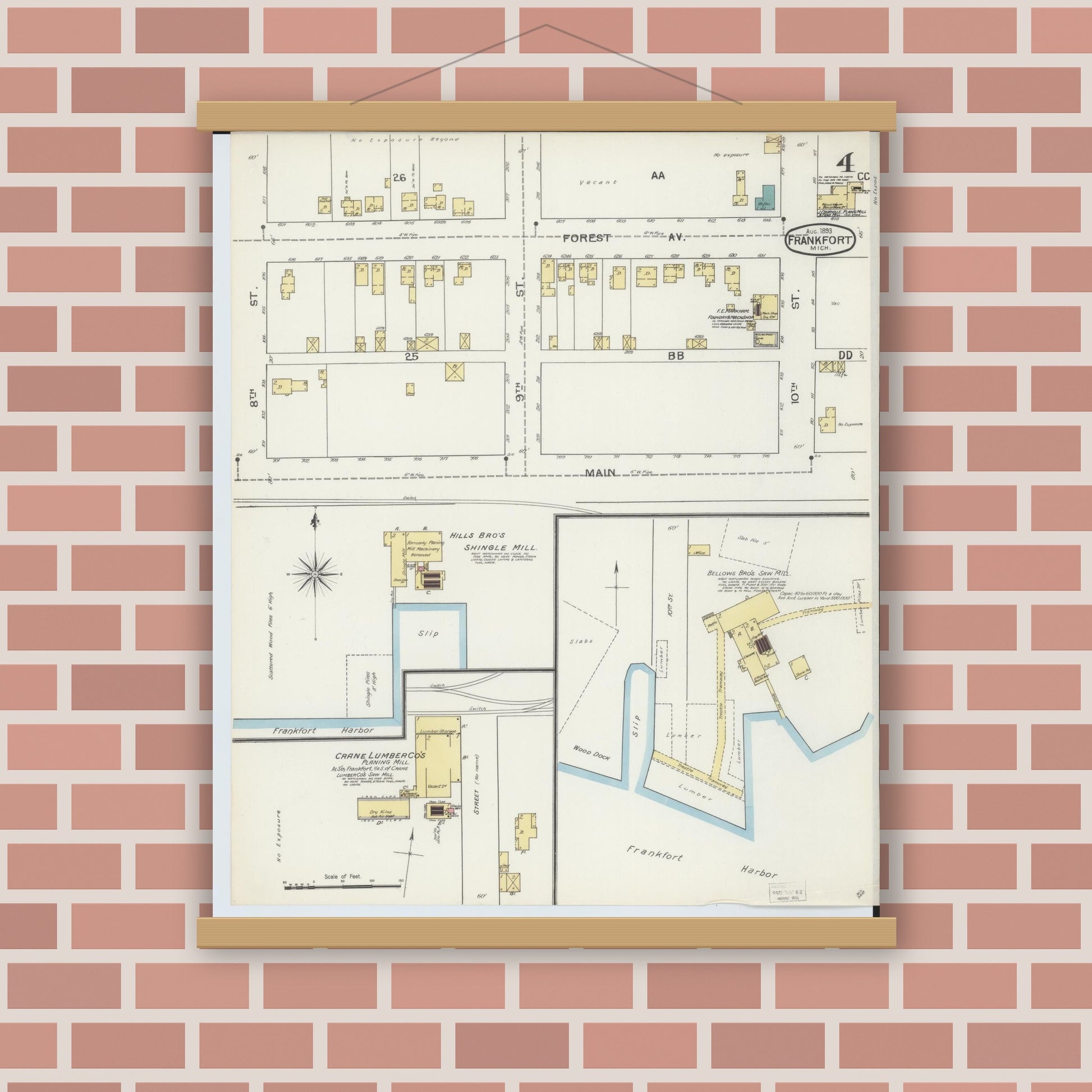 Old map wall art mockup — magnetic wood frame on brick wall — Sanborn Fire Insurance Map from Frankfort, Benzie County, Michigan (1893), Sheet #0004