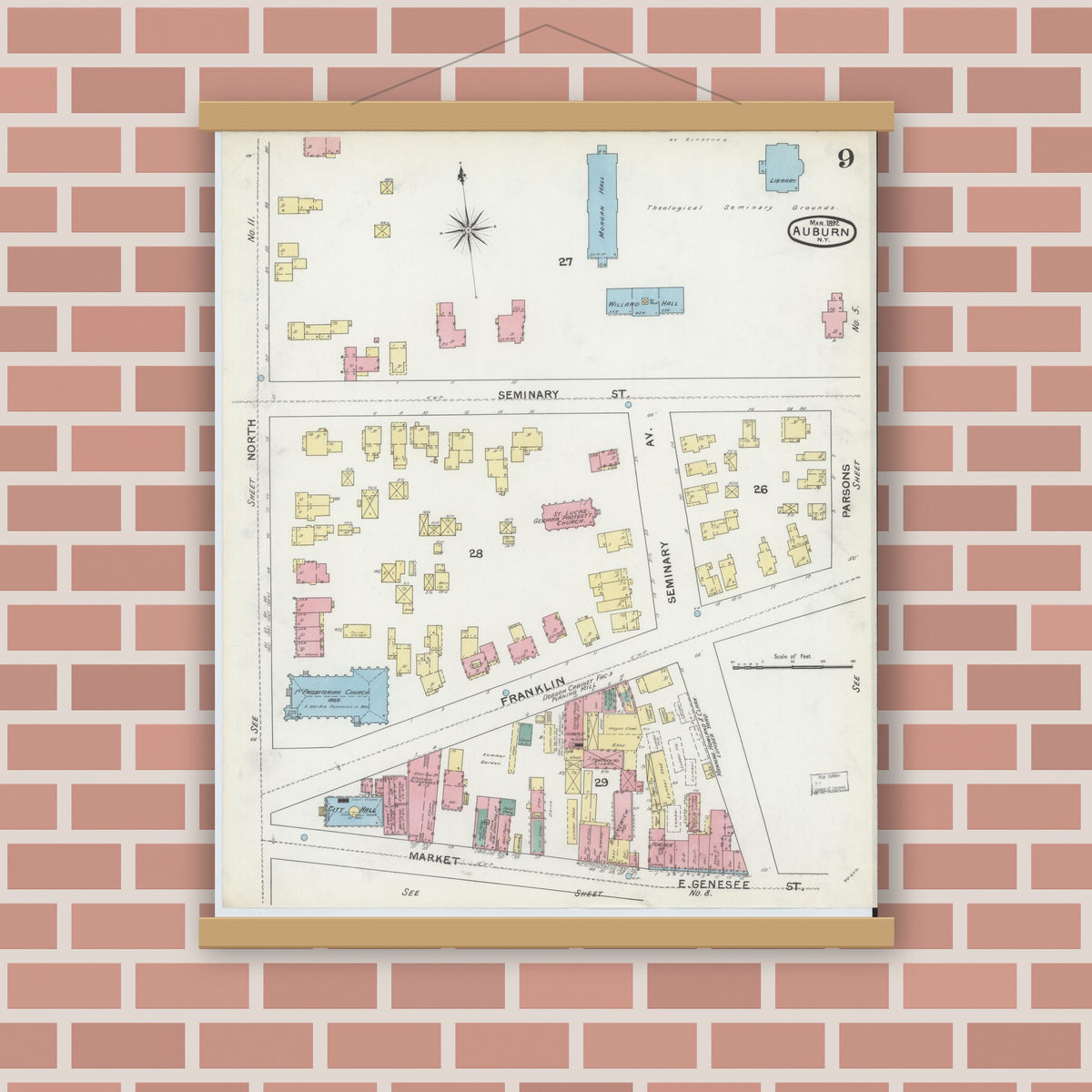 Old map wall art mockup — magnetic wood frame on brick wall — Sanborn Fire Insurance Map from Auburn, Cayuga County, New York (1892), Sheet #0009