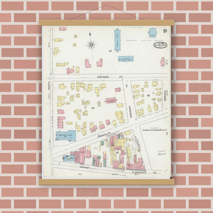 Old map wall art mockup — magnetic wood frame on brick wall — Sanborn Fire Insurance Map from Auburn, Cayuga County, New York (1892), Sheet #0009