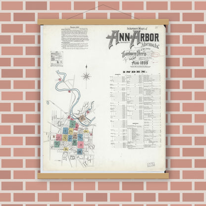 Old map wall art mockup — magnetic wood frame on brick wall — Sanborn Fire Insurance Map from Ann Arbor, Washtenaw County, Michigan (1899), Sheet #0001