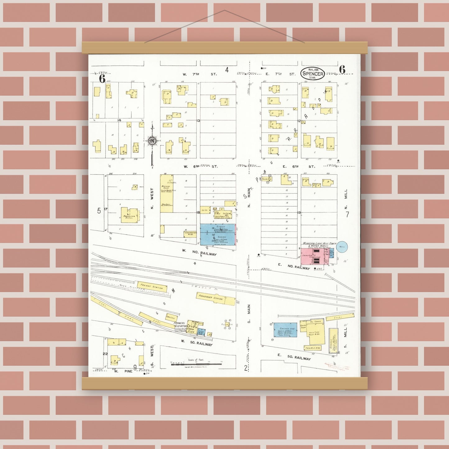 Old map wall art mockup — magnetic wood frame on brick wall — Sanborn Fire Insurance Map from Spencer, Clay County, Iowa (1924), Sheet #0006
