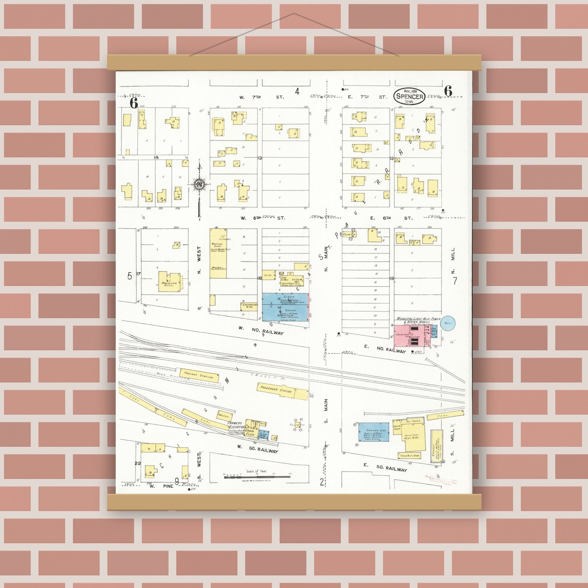 Old map wall art mockup — magnetic wood frame on brick wall — Sanborn Fire Insurance Map from Spencer, Clay County, Iowa (1924), Sheet #0006