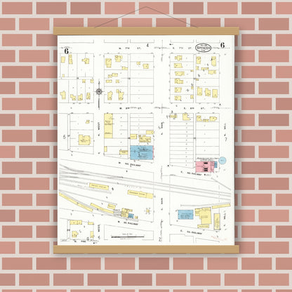Old map wall art mockup — magnetic wood frame on brick wall — Sanborn Fire Insurance Map from Spencer, Clay County, Iowa (1924), Sheet #0006