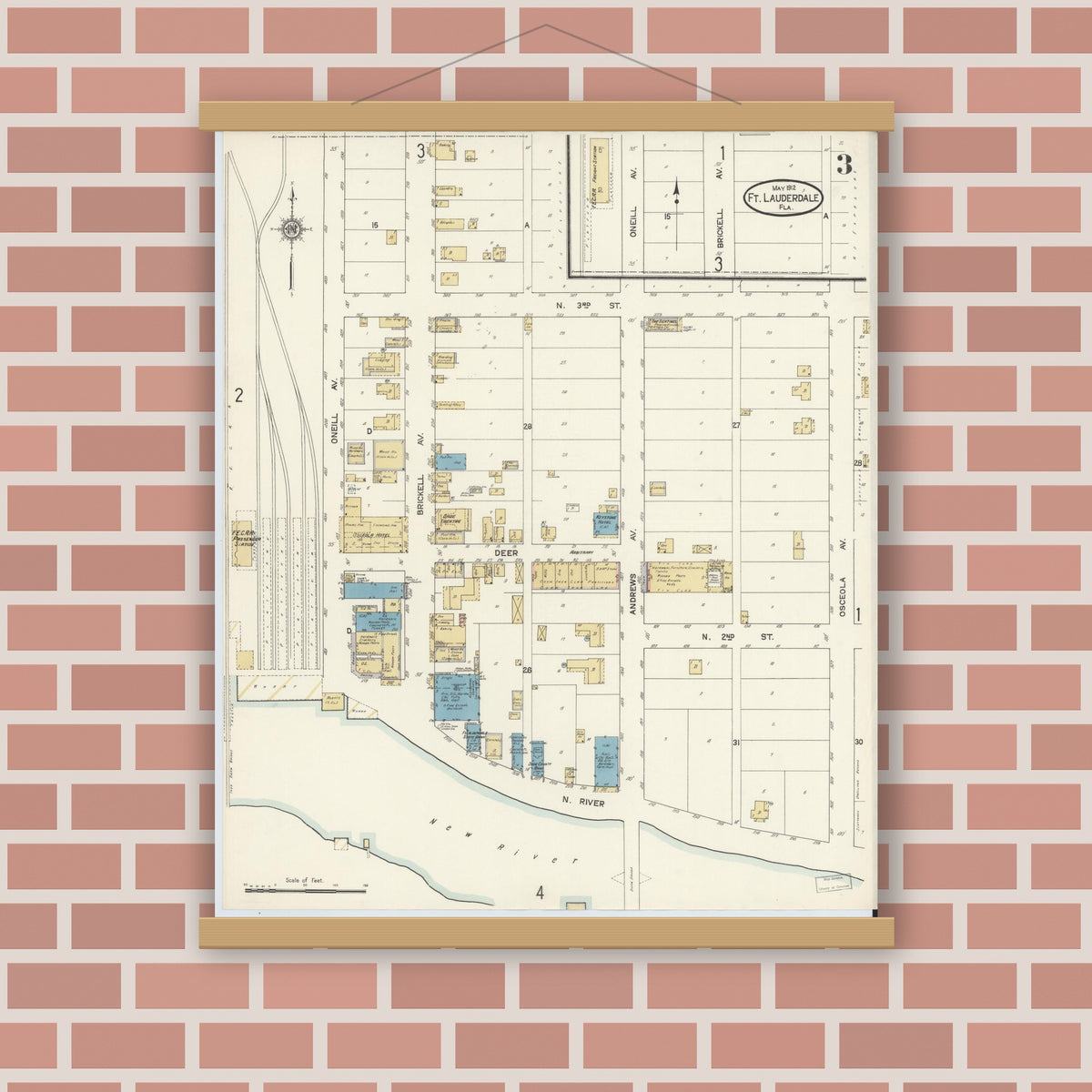 Old map wall art mockup — magnetic wood frame on brick wall — Sanborn Fire Insurance Map from Fort Lauderdale, Broward County, Florida (1912), Sheet #0003