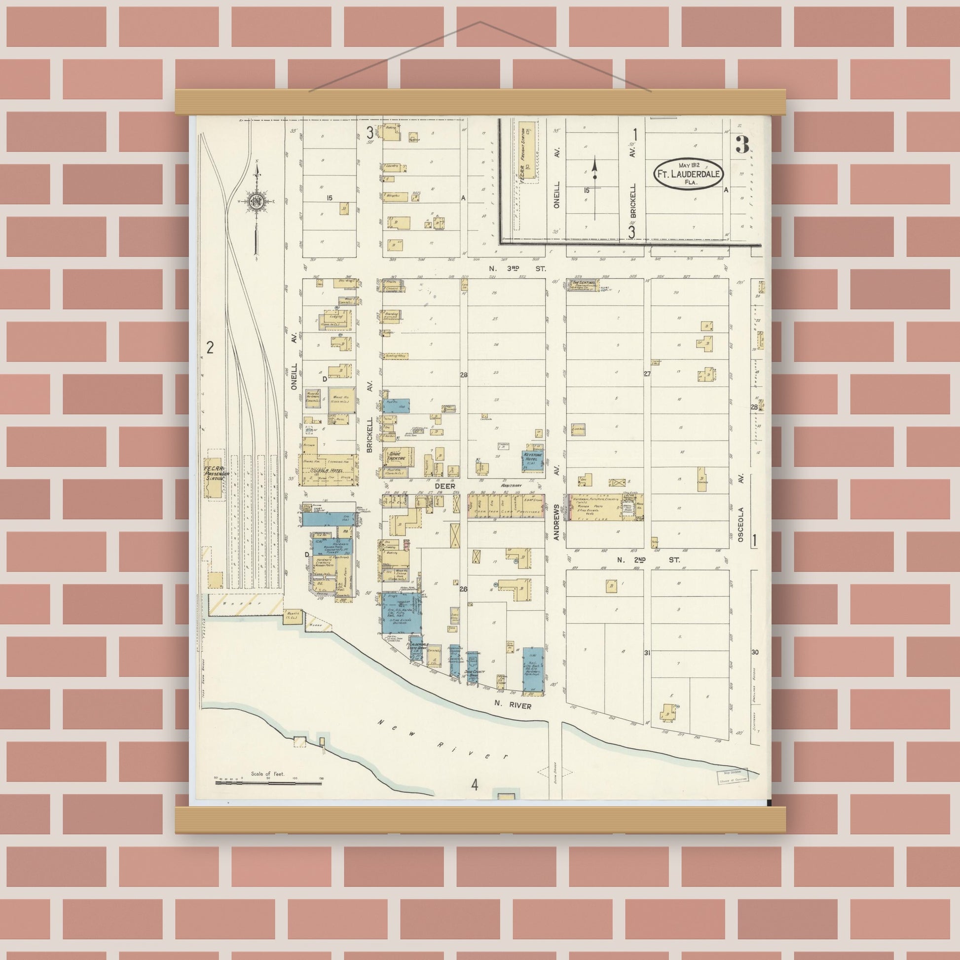 Old map wall art mockup — magnetic wood frame on brick wall — Sanborn Fire Insurance Map from Fort Lauderdale, Broward County, Florida (1912), Sheet #0003