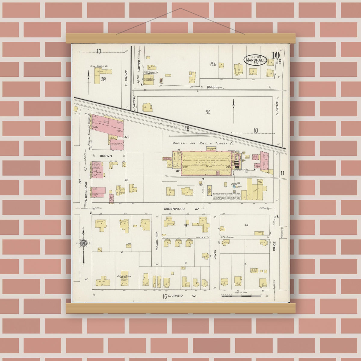 Old map wall art mockup — magnetic wood frame on brick wall — Sanborn Fire Insurance Map from Marshall, Harrison County, Texas (1915), Sheet #0010