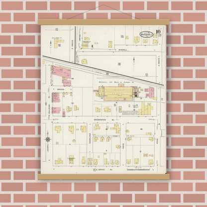 Old map wall art mockup — magnetic wood frame on brick wall — Sanborn Fire Insurance Map from Marshall, Harrison County, Texas (1915), Sheet #0010