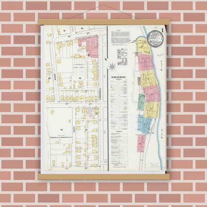 Old map wall art mockup — magnetic wood frame on brick wall — Sanborn Fire Insurance Map from Wellsville, Columbiana County, Ohio (1892), Sheet #0001