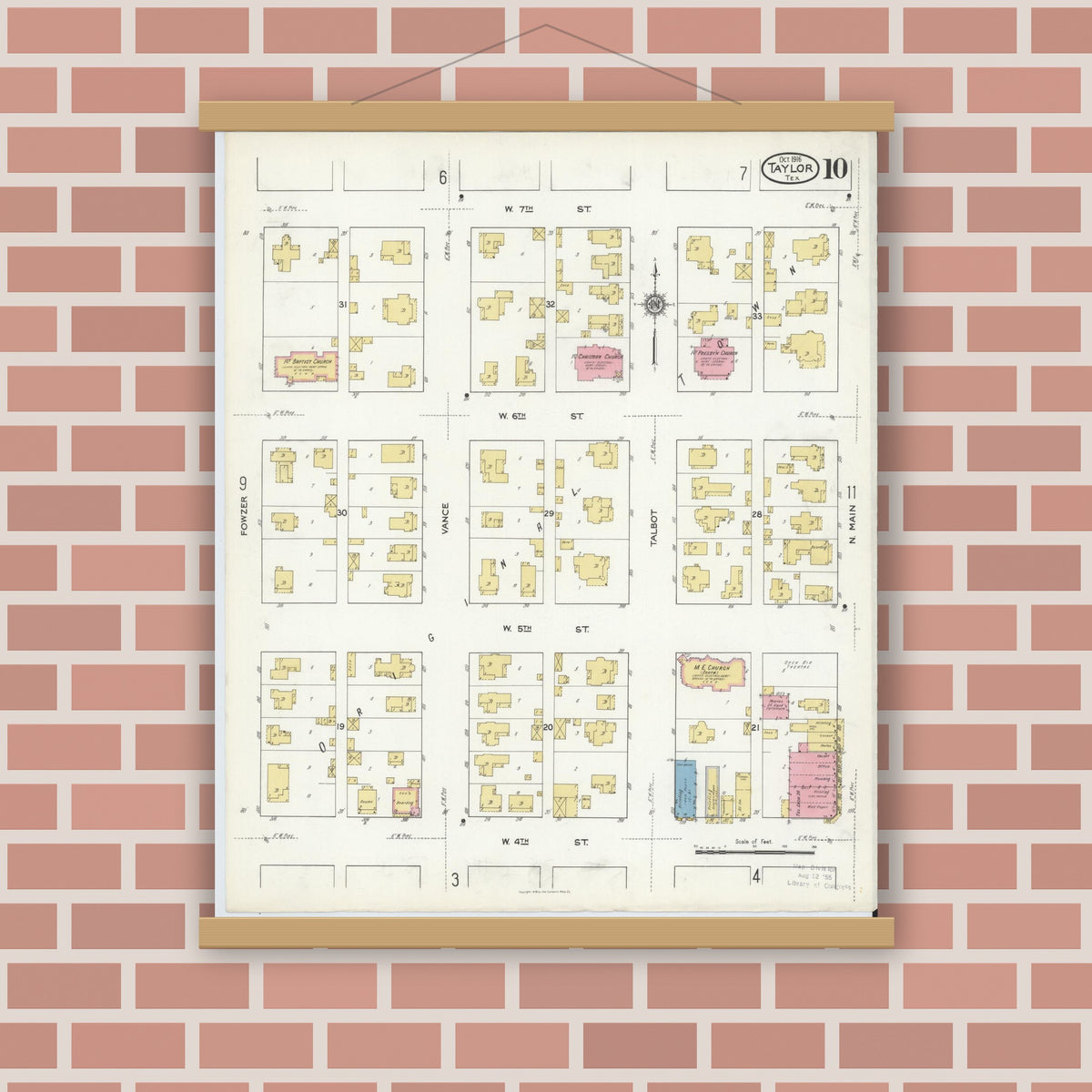 Old map wall art mockup — magnetic wood frame on brick wall — Sanborn Fire Insurance Map from Taylor, Williamson County, Texas (1916), Sheet #0010