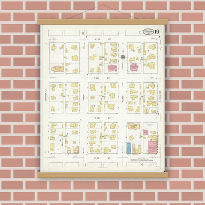 Old map wall art mockup — magnetic wood frame on brick wall — Sanborn Fire Insurance Map from Taylor, Williamson County, Texas (1916), Sheet #0010