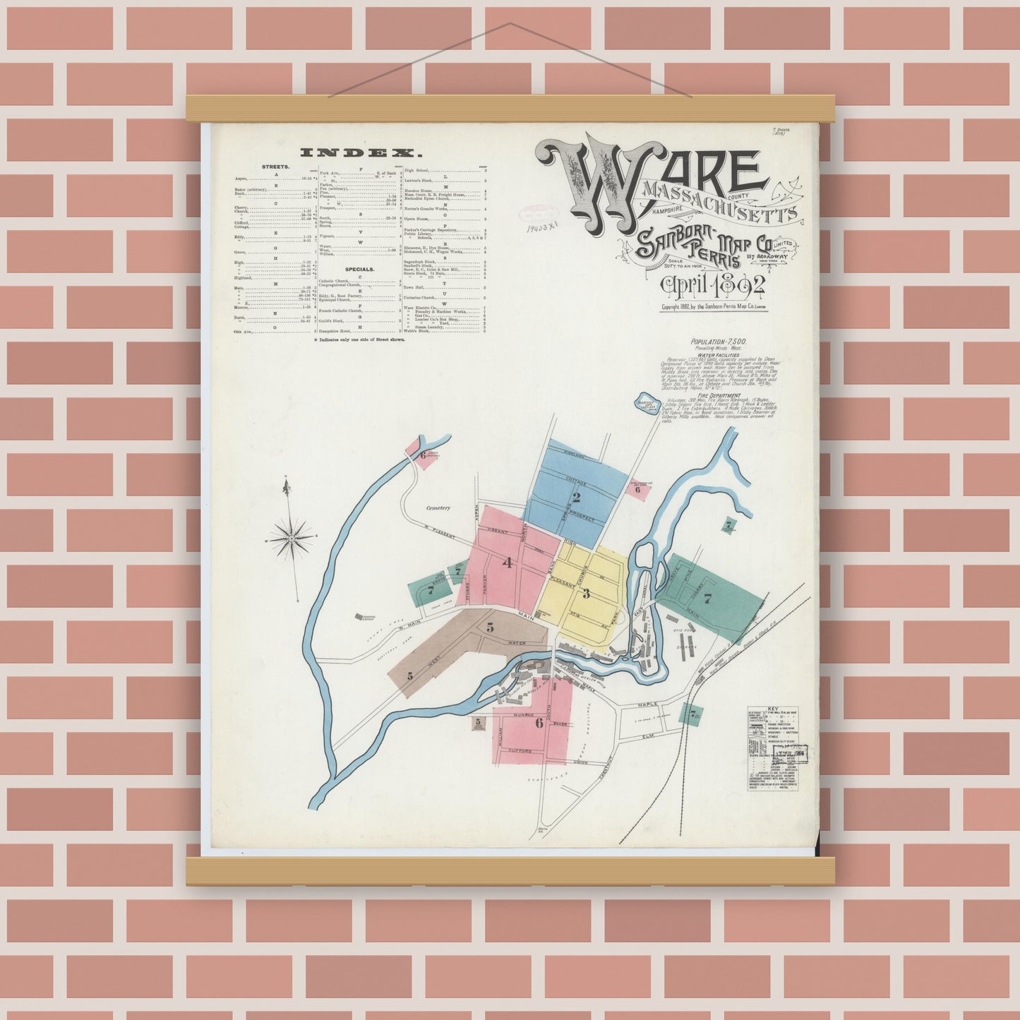 Old map wall art mockup — magnetic wood frame on brick wall — Sanborn Fire Insurance Map from Ware, Hampshire County, Massachusetts (1892) - Complete Map Set