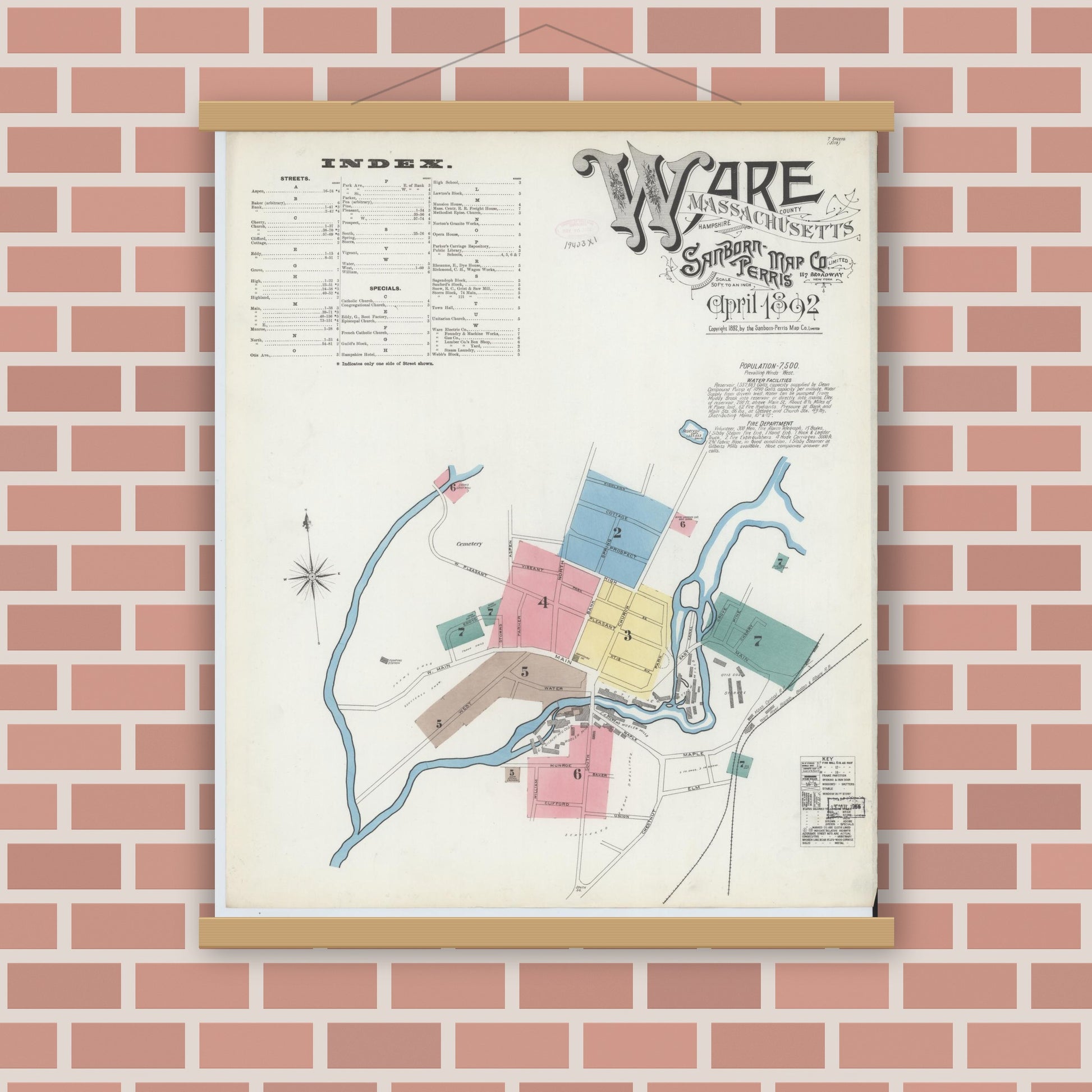 Old map wall art mockup — magnetic wood frame on brick wall — Sanborn Fire Insurance Map from Ware, Hampshire County, Massachusetts (1892) - Complete Map Set