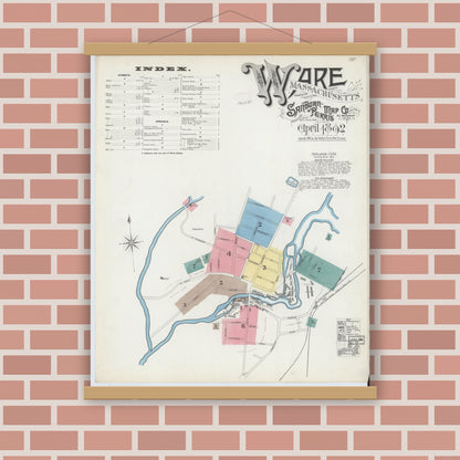 Old map wall art mockup — magnetic wood frame on brick wall — Sanborn Fire Insurance Map from Ware, Hampshire County, Massachusetts (1892) - Complete Map Set