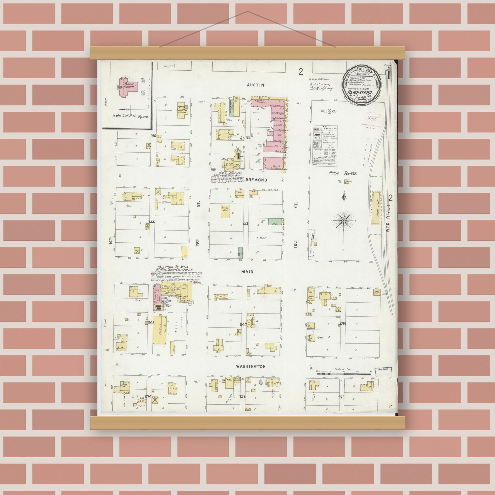 Old map wall art mockup — magnetic wood frame on brick wall — Sanborn Fire Insurance Map from Hempstead, Waller County, Texas (1896) - Complete Map Set