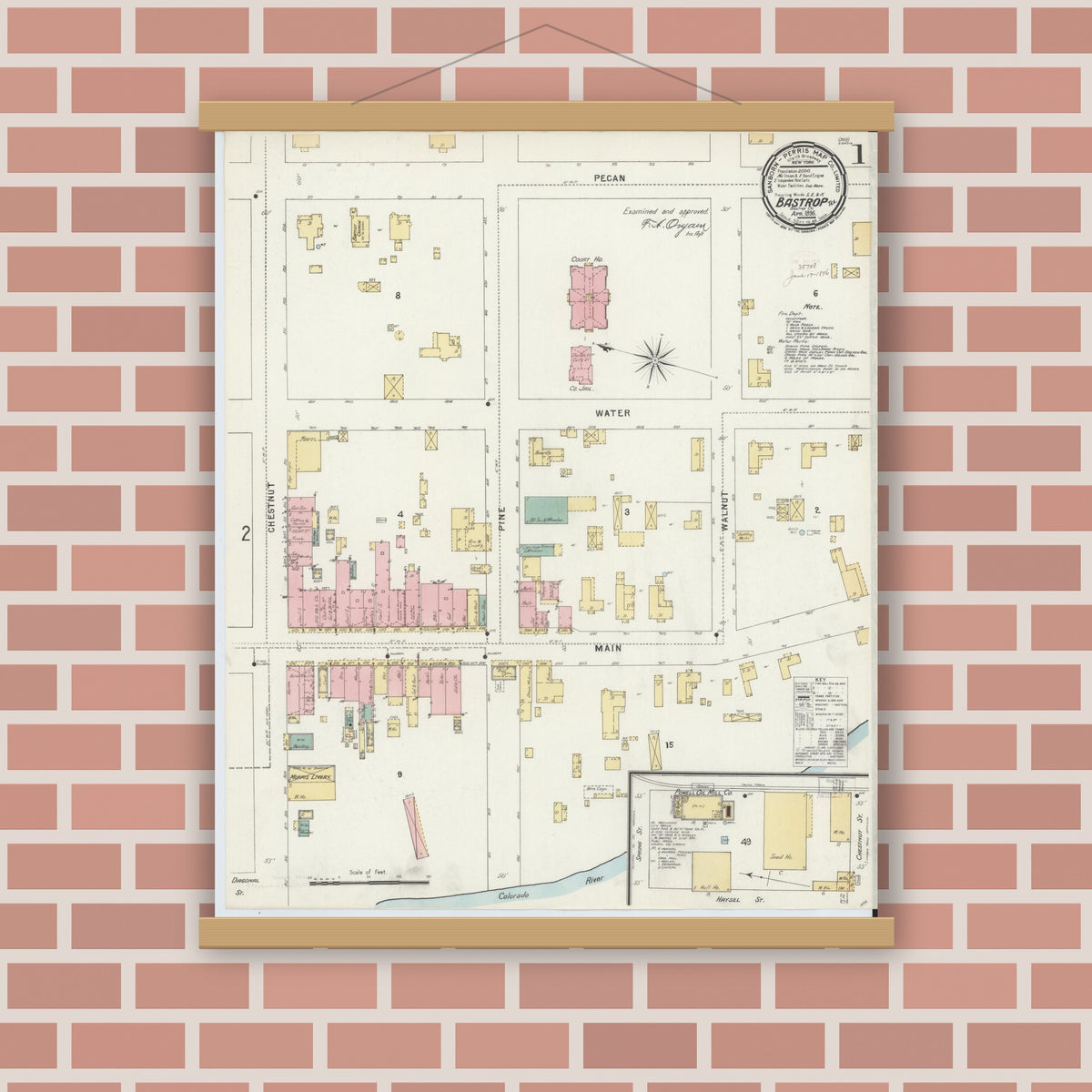 Old map wall art mockup — magnetic wood frame on brick wall — Sanborn Fire Insurance Map from Bastrop, Bastrop County, Texas (1896) - Complete Map Set