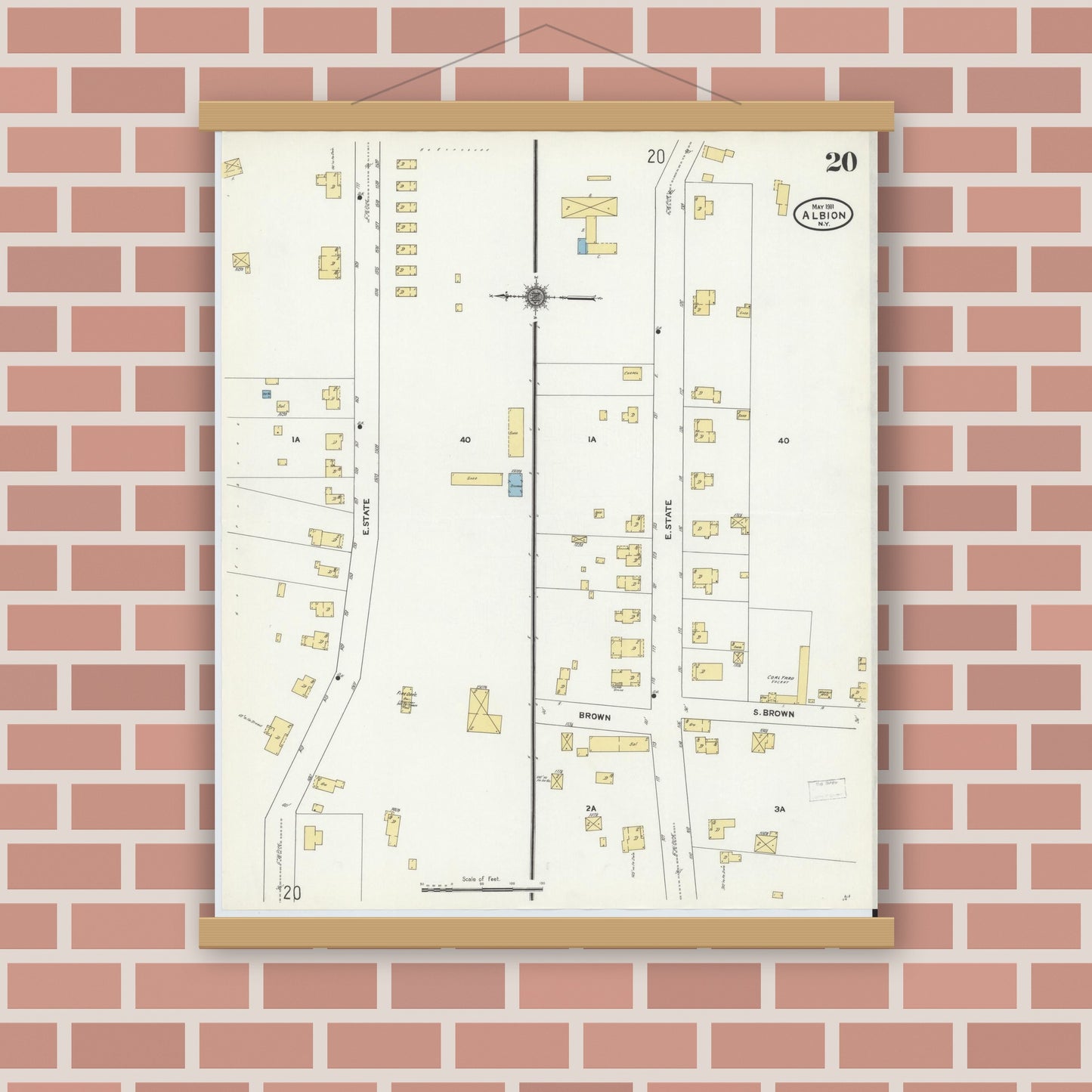 Old map wall art mockup — magnetic wood frame on brick wall — Sanborn Fire Insurance Map from Albion, Orleans County, New York (1911), Sheet #0020