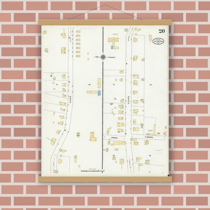 Old map wall art mockup — magnetic wood frame on brick wall — Sanborn Fire Insurance Map from Albion, Orleans County, New York (1911), Sheet #0020