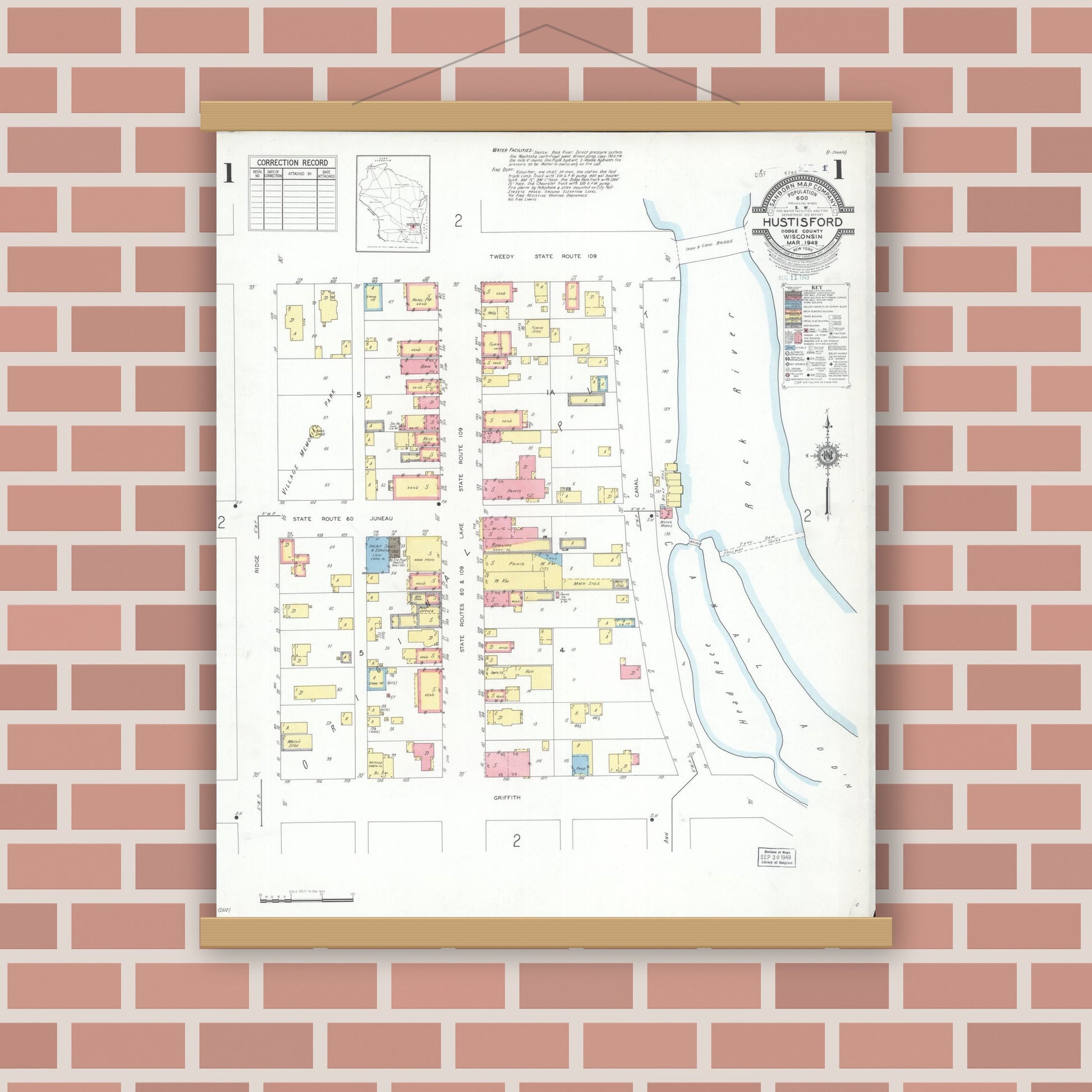 Old map wall art mockup — magnetic wood frame on brick wall — Sanborn Fire Insurance Map from Hustisford, Dodge County, Wisconsin (1949), Sheet #0001