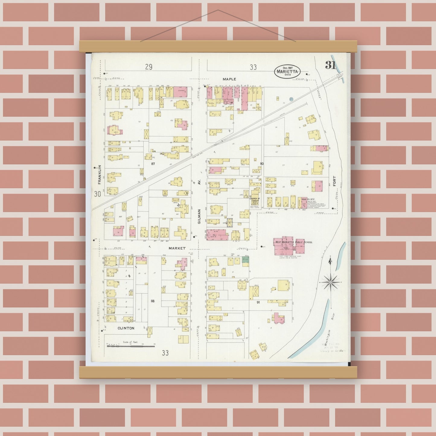 Old map wall art mockup — magnetic wood frame on brick wall — Sanborn Fire Insurance Map from Marietta, Washington County, Ohio (1907), Sheet #0031