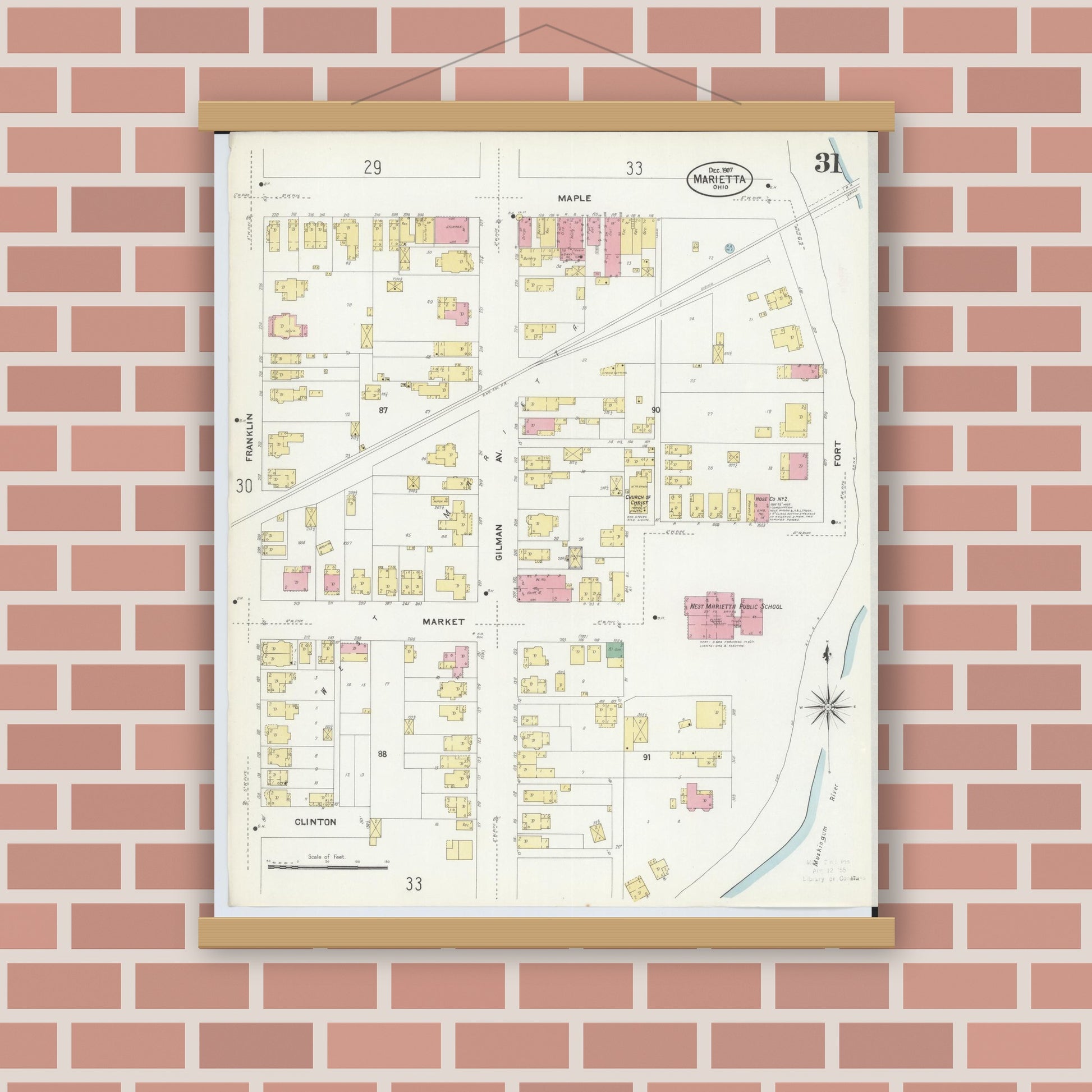 Old map wall art mockup — magnetic wood frame on brick wall — Sanborn Fire Insurance Map from Marietta, Washington County, Ohio (1907), Sheet #0031