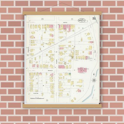 Old map wall art mockup — magnetic wood frame on brick wall — Sanborn Fire Insurance Map from Marietta, Washington County, Ohio (1907), Sheet #0031