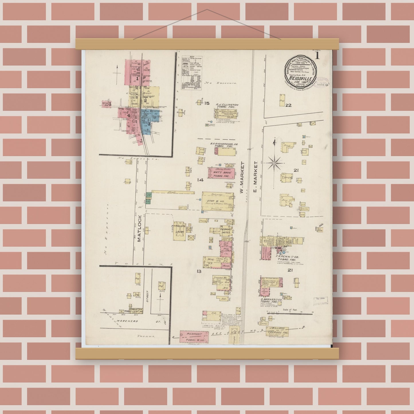 Old map wall art mockup — magnetic wood frame on brick wall — Sanborn Fire Insurance Map from Reidsville, Rockingham County, North Carolina (1885) - Complete Map Set
