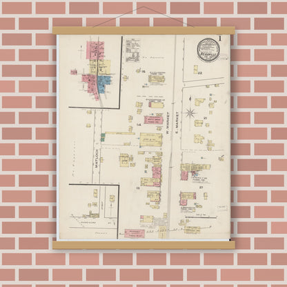 Old map wall art mockup — magnetic wood frame on brick wall — Sanborn Fire Insurance Map from Reidsville, Rockingham County, North Carolina (1885) - Complete Map Set