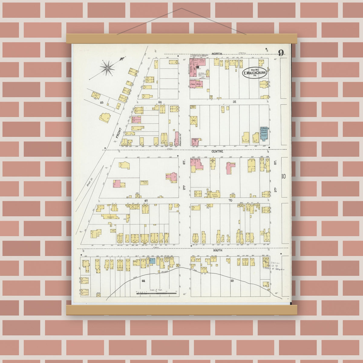 Old map wall art mockup — magnetic wood frame on brick wall — Sanborn Fire Insurance Map from Mauch Chunk, Carbon County, Pennsylvania (1902), Sheet #0009