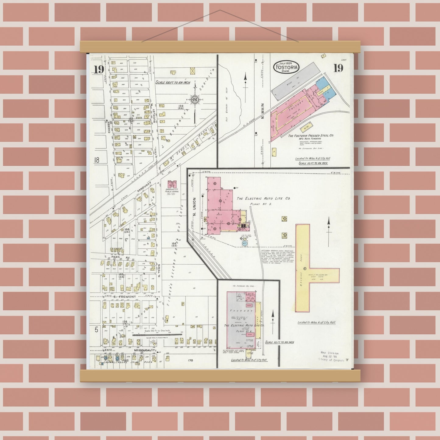 Old map wall art mockup — magnetic wood frame on brick wall — Sanborn Fire Insurance Map from Fostoria, Seneca, Hancock, And Wood Counties, Ohio (1924), Sheet #0019