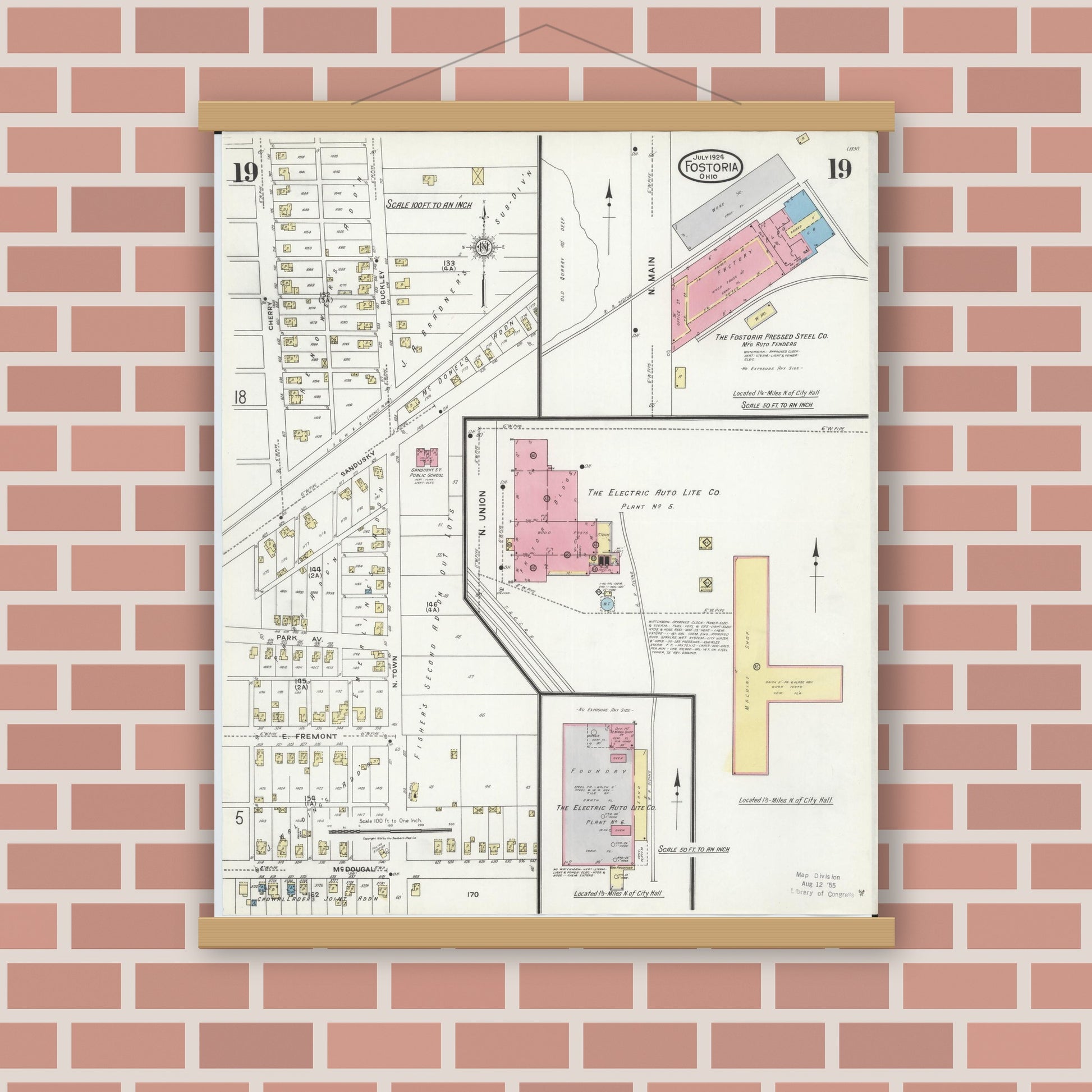 Old map wall art mockup — magnetic wood frame on brick wall — Sanborn Fire Insurance Map from Fostoria, Seneca, Hancock, And Wood Counties, Ohio (1924), Sheet #0019