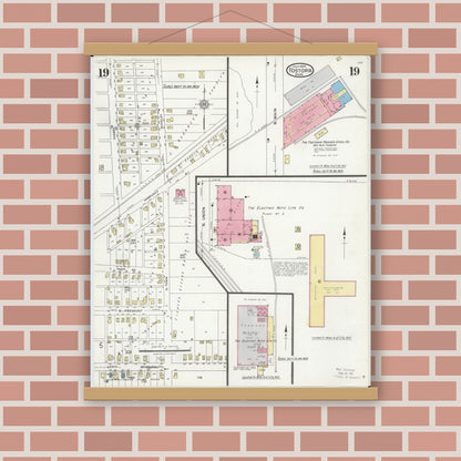 Old map wall art mockup — magnetic wood frame on brick wall — Sanborn Fire Insurance Map from Fostoria, Seneca, Hancock, And Wood Counties, Ohio (1924), Sheet #0019