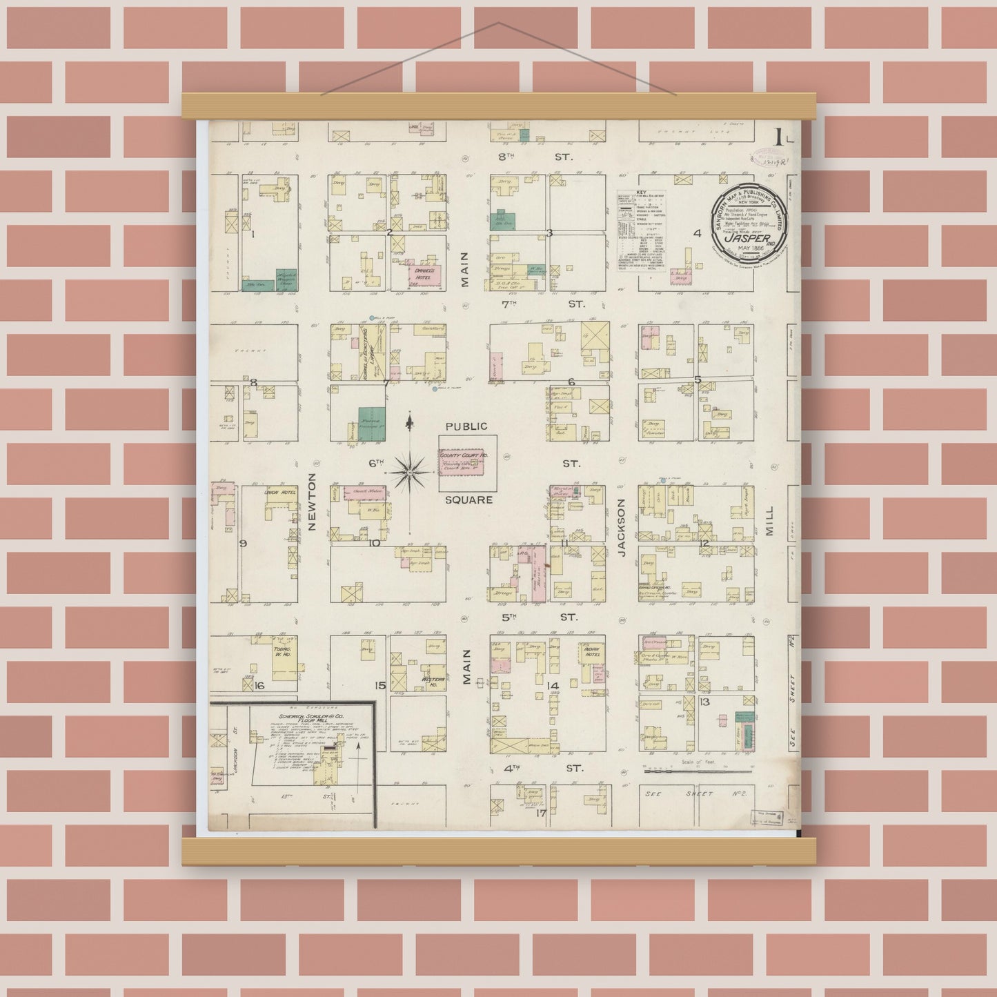 Old map wall art mockup — magnetic wood frame on brick wall — Sanborn Fire Insurance Map from Jasper, Dubois County, Indiana (1886) - Complete Map Set
