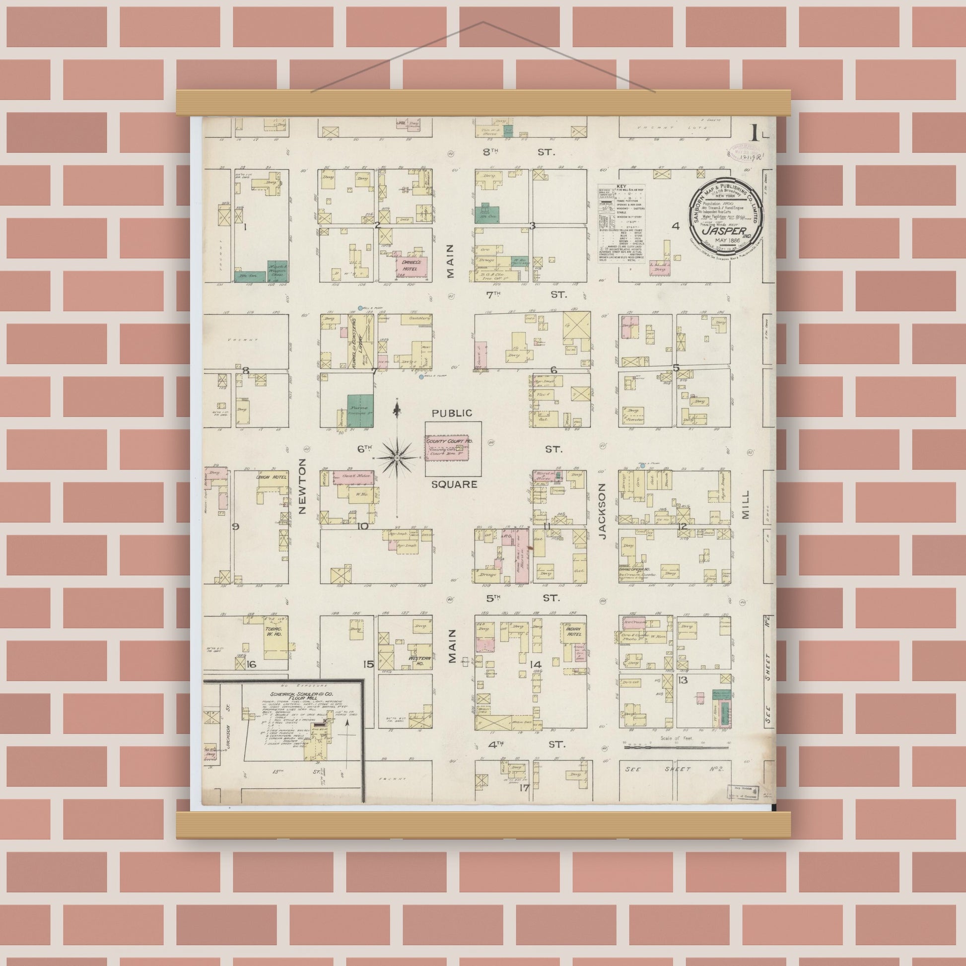 Old map wall art mockup — magnetic wood frame on brick wall — Sanborn Fire Insurance Map from Jasper, Dubois County, Indiana (1886) - Complete Map Set
