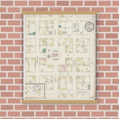 Old map wall art mockup — magnetic wood frame on brick wall — Sanborn Fire Insurance Map from Jasper, Dubois County, Indiana (1886) - Complete Map Set