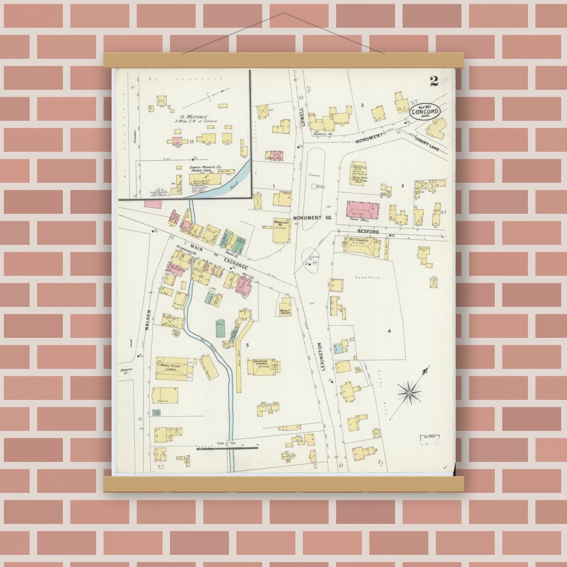 Old map wall art mockup — magnetic wood frame on brick wall — Sanborn Fire Insurance Map from Concord, Middlesex County, Massachusetts (1897), Sheet #0002