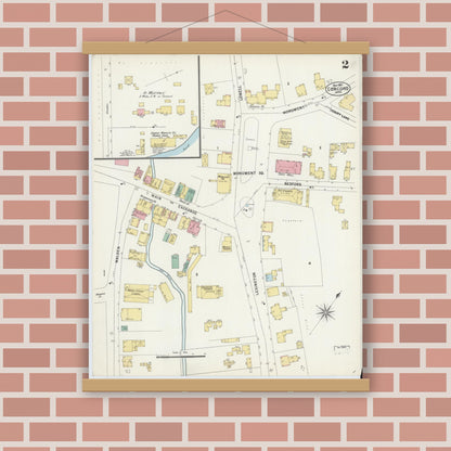 Old map wall art mockup — magnetic wood frame on brick wall — Sanborn Fire Insurance Map from Concord, Middlesex County, Massachusetts (1897), Sheet #0002