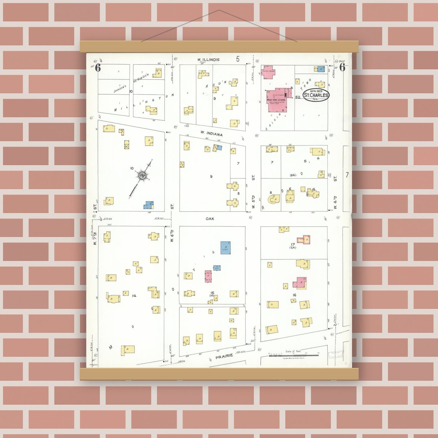 Old map wall art mockup — magnetic wood frame on brick wall — Sanborn Fire Insurance Map from Saint Charles, Kane County, Illinois (1923), Sheet #0006