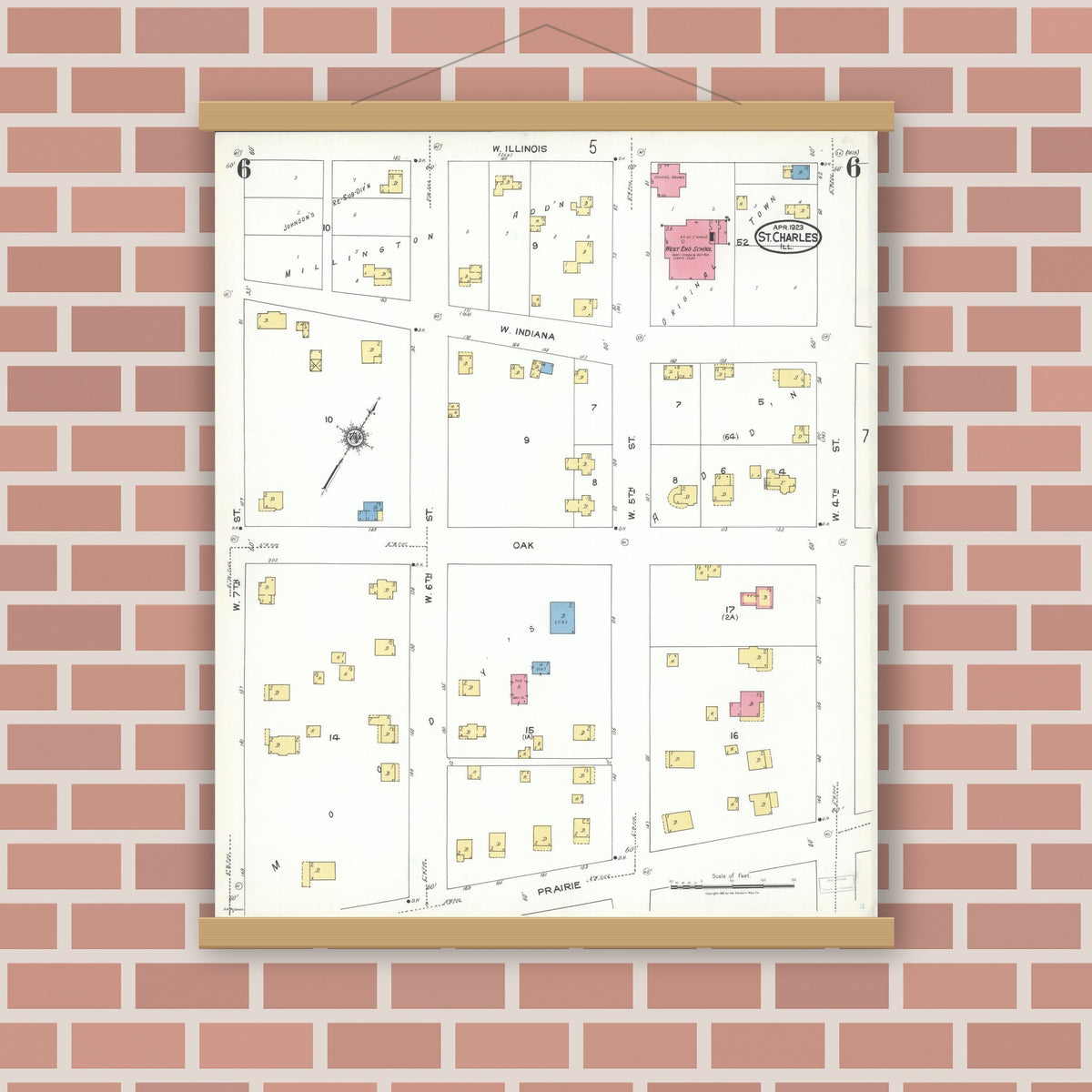 Old map wall art mockup — magnetic wood frame on brick wall — Sanborn Fire Insurance Map from Saint Charles, Kane County, Illinois (1923), Sheet #0006