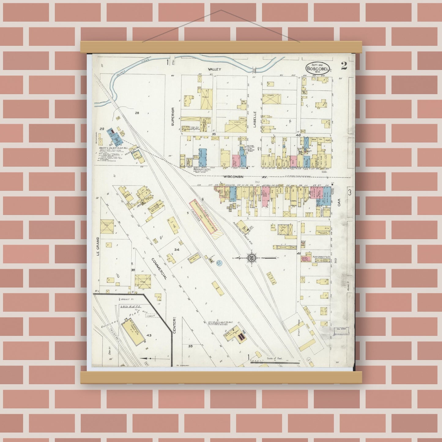 Old map wall art mockup — magnetic wood frame on brick wall — Sanborn Fire Insurance Map from Boscobel, Grant County, Wisconsin (1912), Sheet #0002