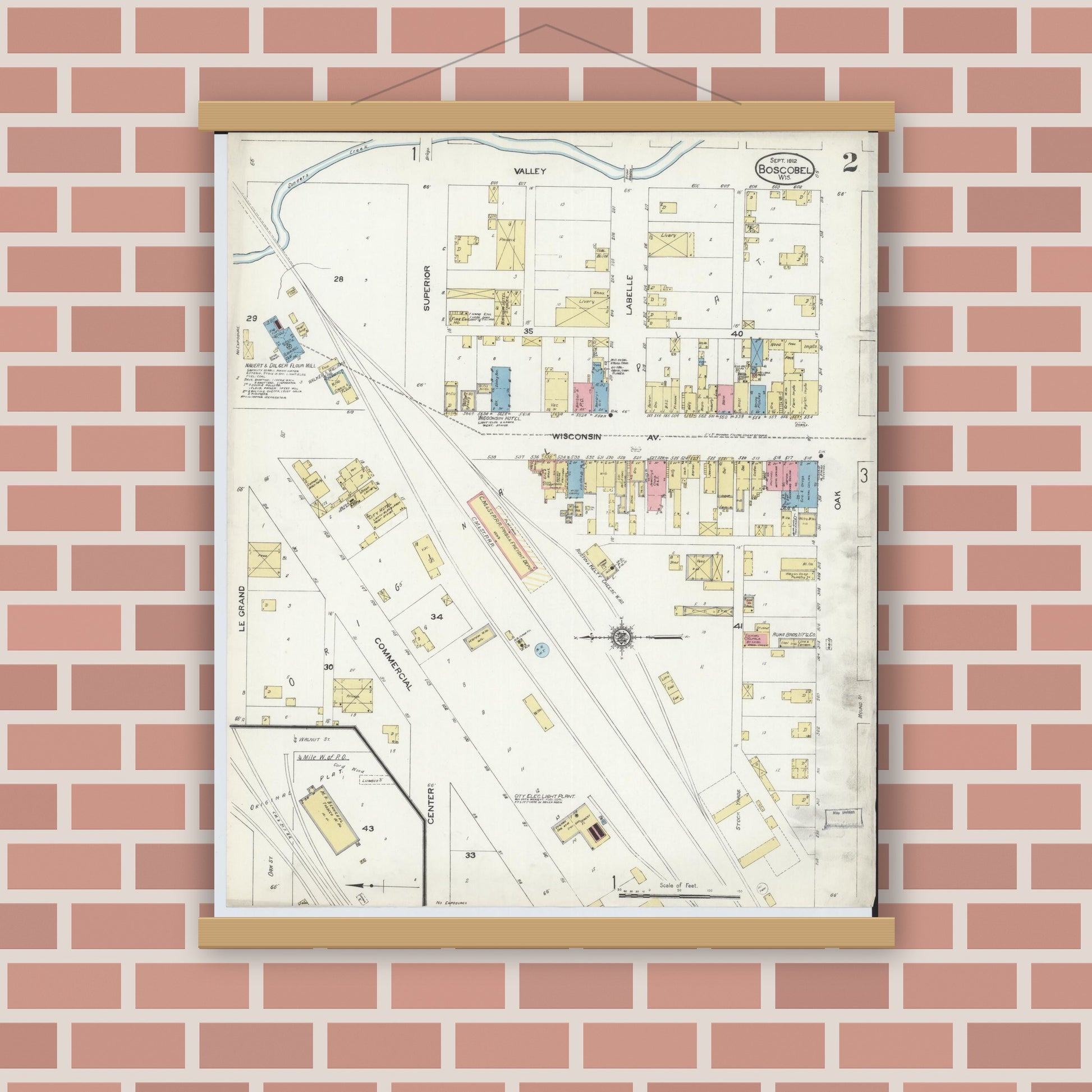 Old map wall art mockup — magnetic wood frame on brick wall — Sanborn Fire Insurance Map from Boscobel, Grant County, Wisconsin (1912), Sheet #0002