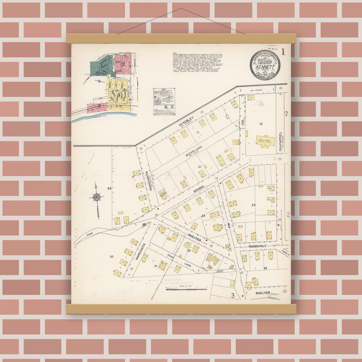 Old map wall art mockup — magnetic wood frame on brick wall — Sanborn Fire Insurance Map from Kennett, Shasta County, California (1912) - Complete Map Set