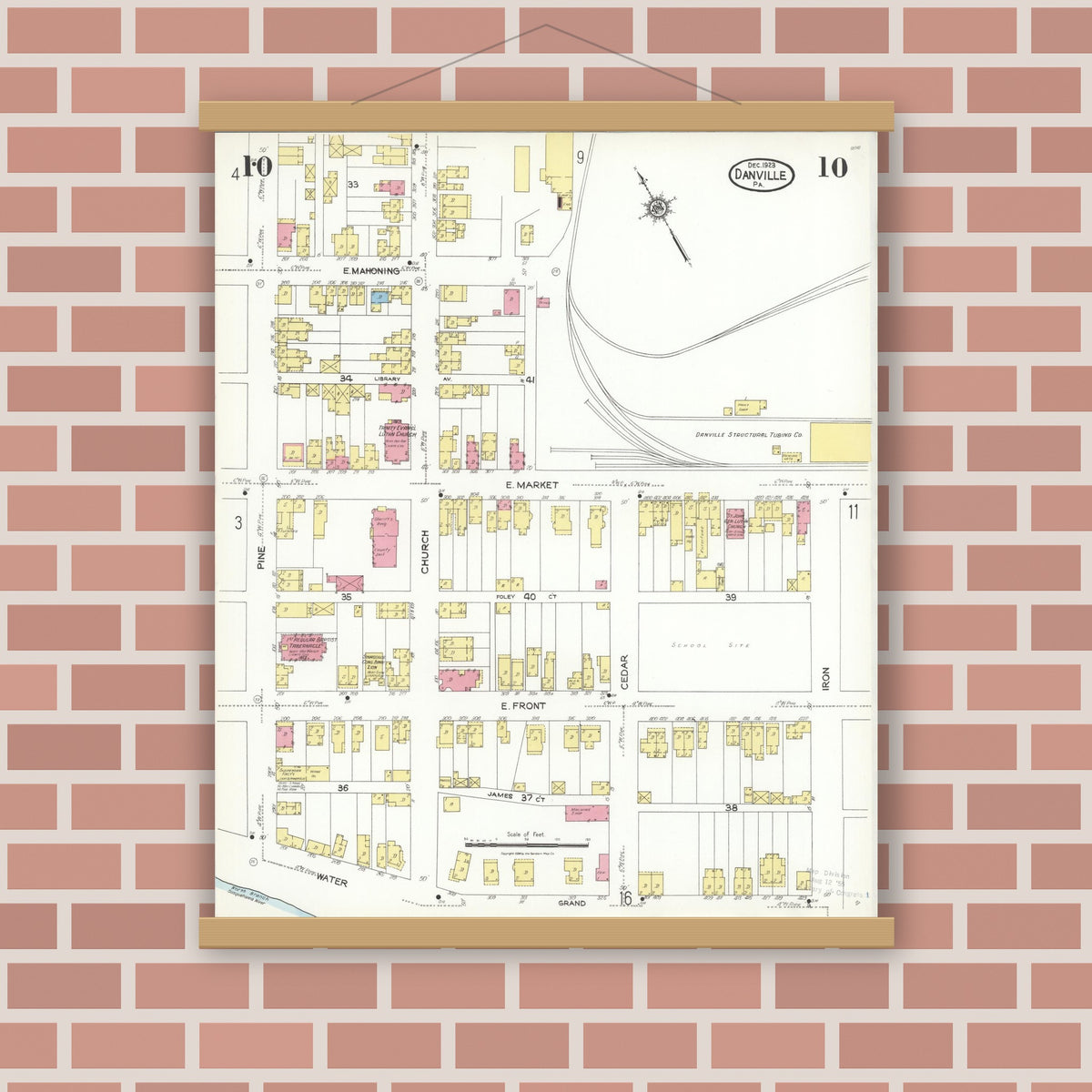 Old map wall art mockup — magnetic wood frame on brick wall — Sanborn Fire Insurance Map from Danville, Montour County, Pennsylvania (1923), Sheet #0010