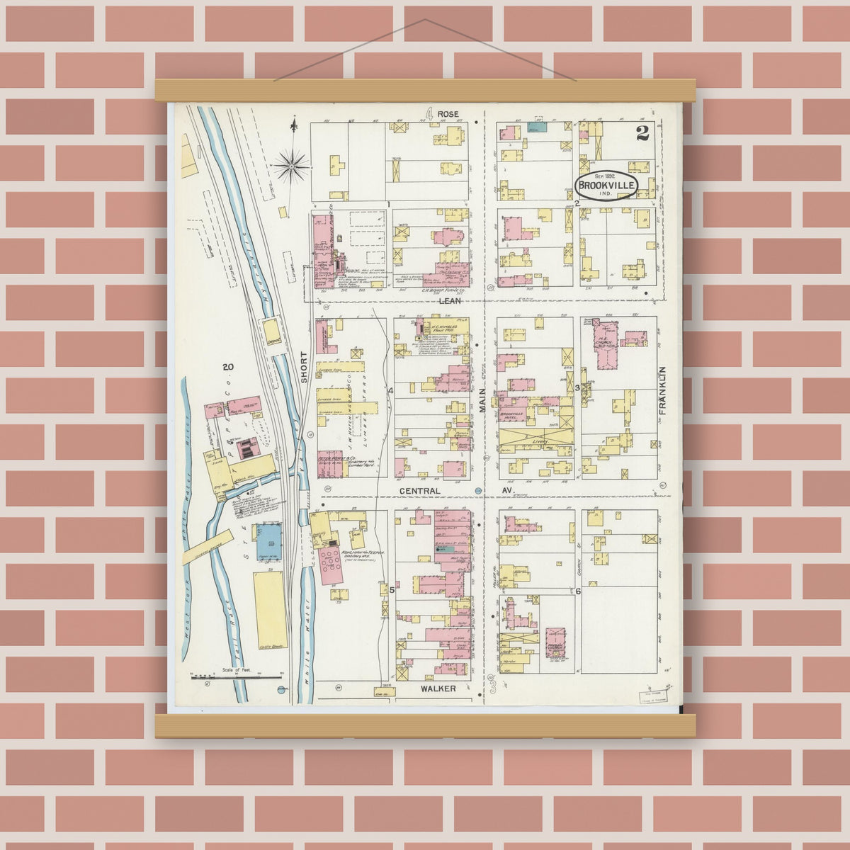 Old map wall art mockup — magnetic wood frame on brick wall — Sanborn Fire Insurance Map from Brookville, Franklin County, Indiana (1892), Sheet #0002