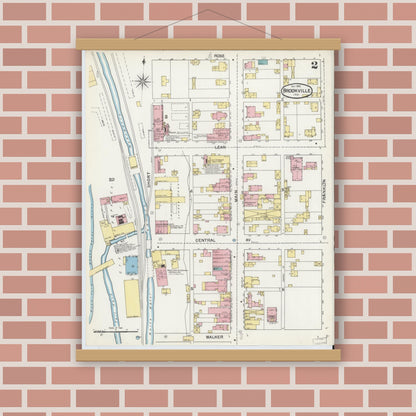 Old map wall art mockup — magnetic wood frame on brick wall — Sanborn Fire Insurance Map from Brookville, Franklin County, Indiana (1892), Sheet #0002