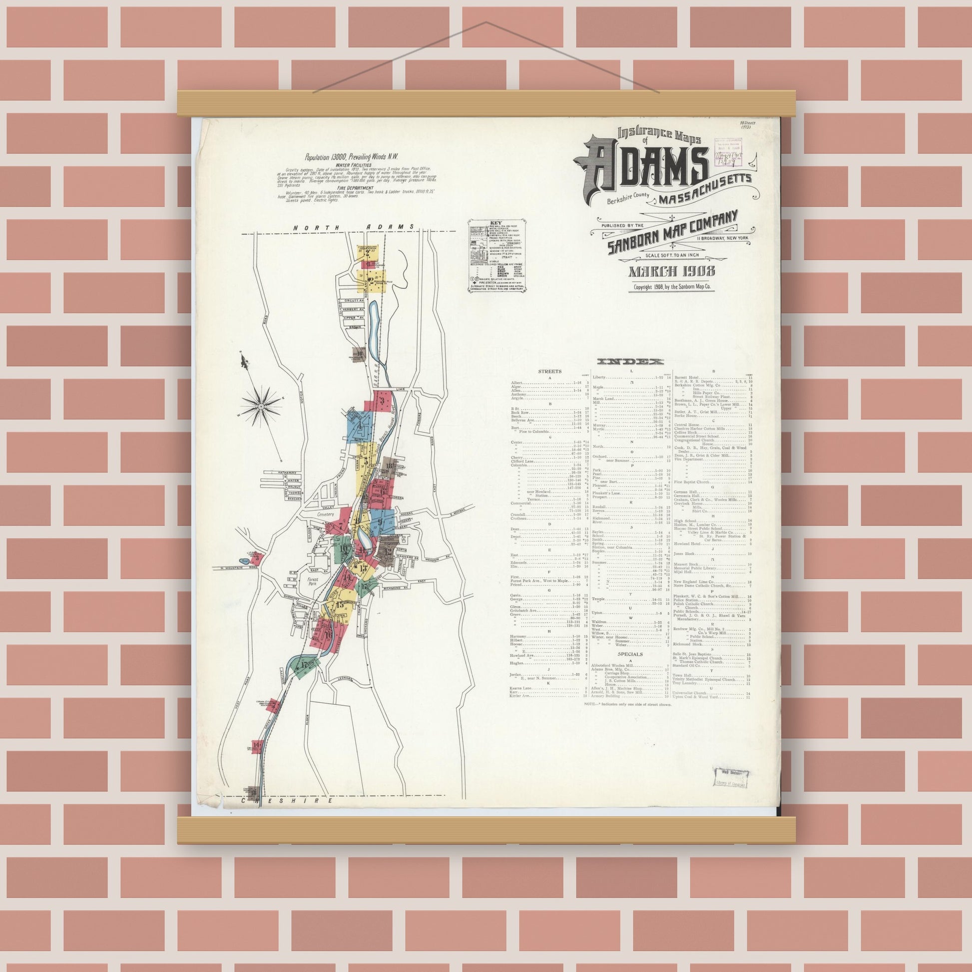 Old map wall art mockup — magnetic wood frame on brick wall — Sanborn Fire Insurance Map from Adams, Berkshire County, Massachusetts (1908) - Complete Map Set