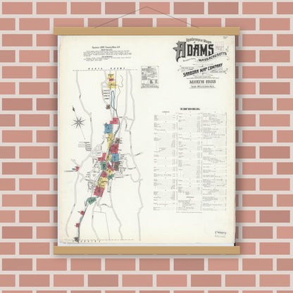 Old map wall art mockup — magnetic wood frame on brick wall — Sanborn Fire Insurance Map from Adams, Berkshire County, Massachusetts (1908) - Complete Map Set