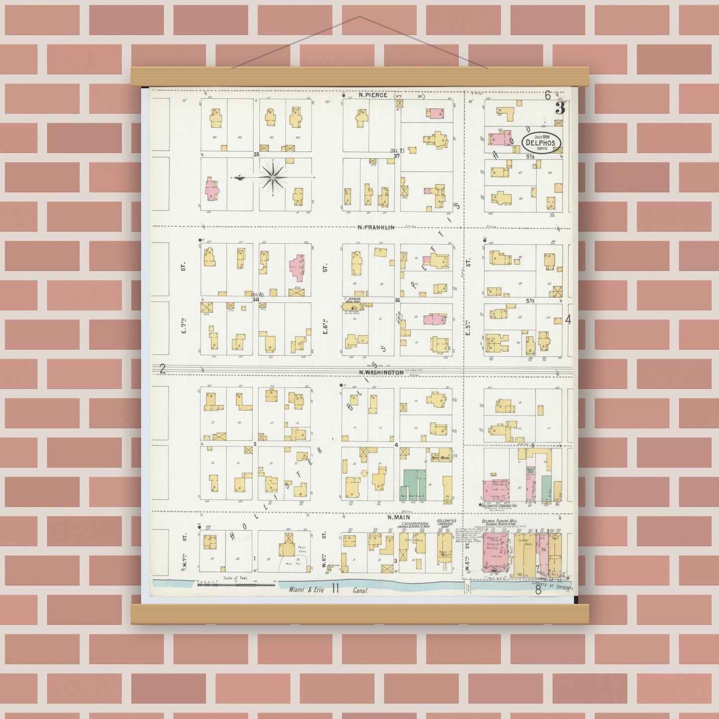 Old map wall art mockup — magnetic wood frame on brick wall — Sanborn Fire Insurance Map from Delphos, Van Wert And Allen Counties, Ohio (1899), Sheet #0003