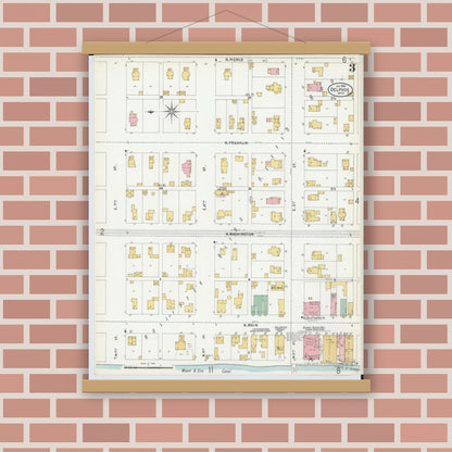 Old map wall art mockup — magnetic wood frame on brick wall — Sanborn Fire Insurance Map from Delphos, Van Wert And Allen Counties, Ohio (1899), Sheet #0003