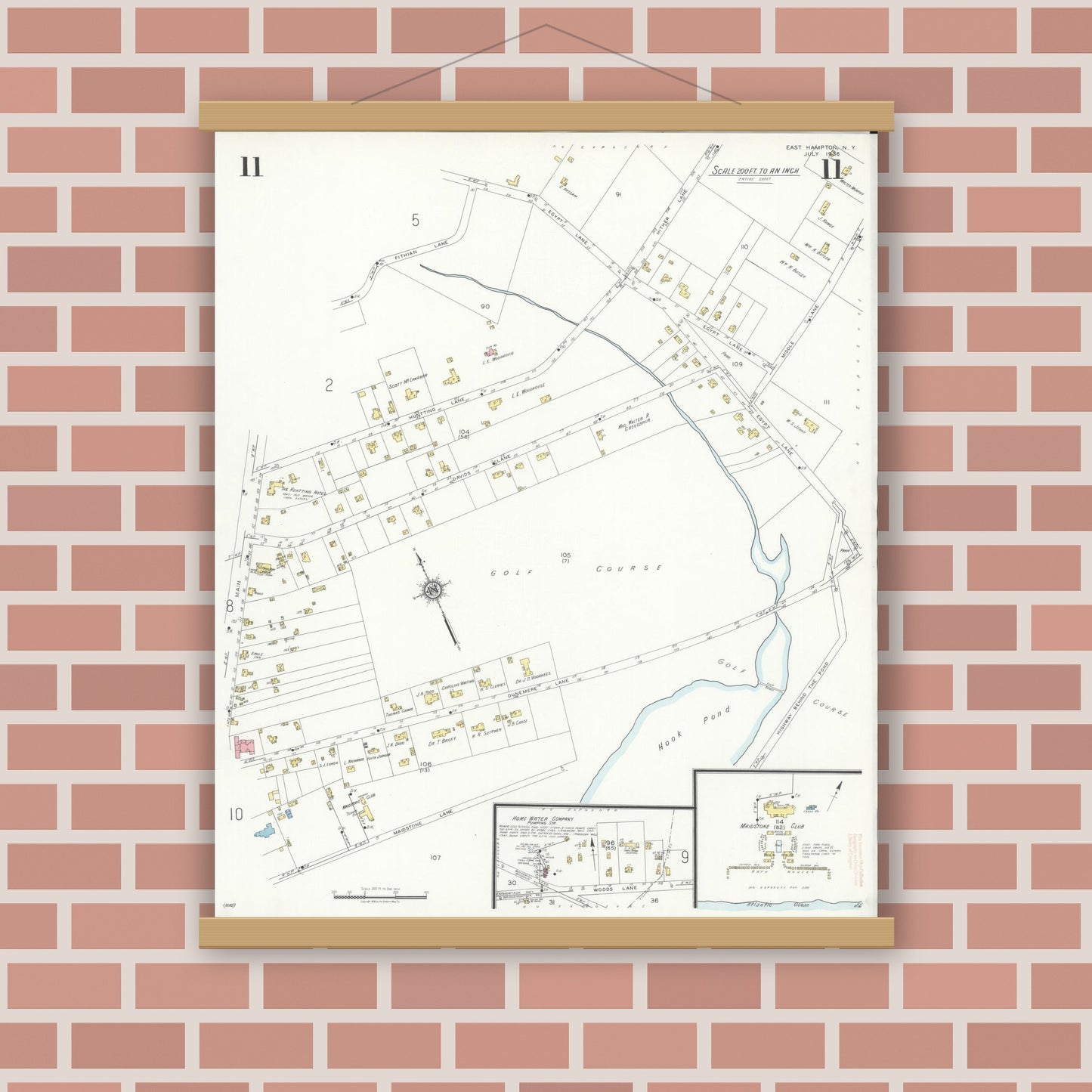 Old map wall art mockup — magnetic wood frame on brick wall — Sanborn Fire Insurance Map from Easthampton, Suffolk County, New York (1936), Sheet #0011
